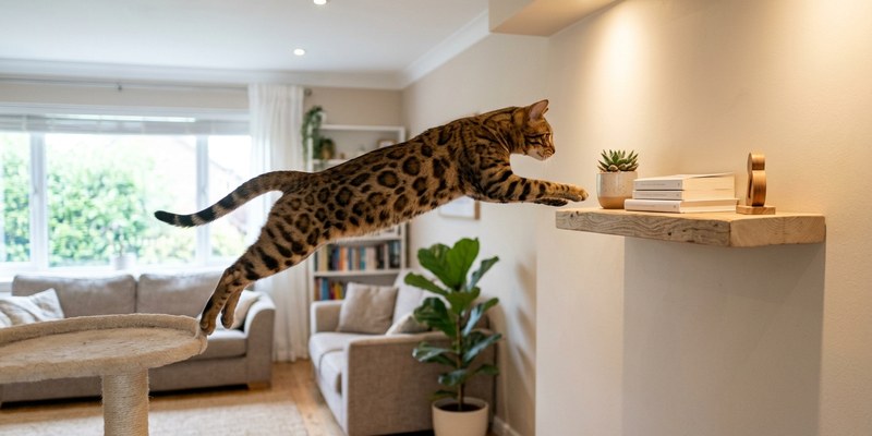 bengal cat leaping shelf