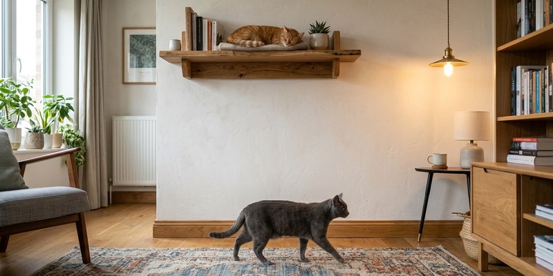 Gato naranja sentado en el felpudo de un recibidor mirando el picaporte de la puerta cerrada