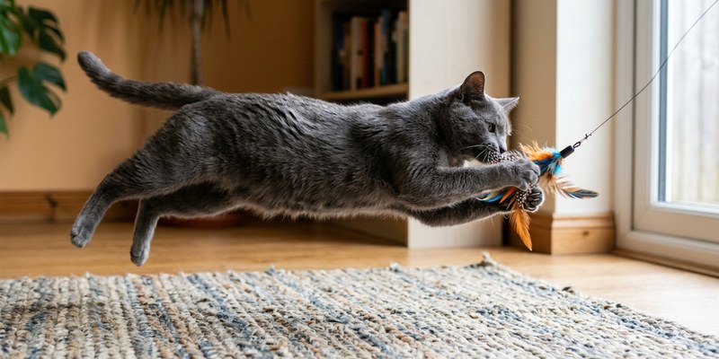 grey cat catching feather