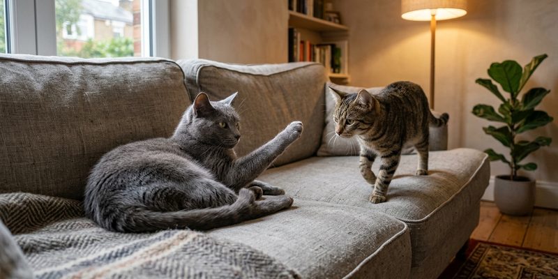 Gato gris en el sofá levanta una pata para frenar a un atigrado que se acerca