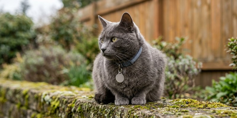 Primer plano lateral de la cabeza de un gato gris y la base de su oreja