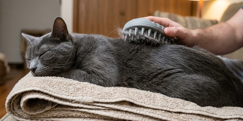 grooming cat with rubber
