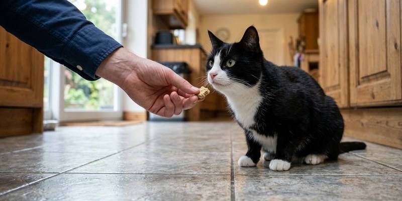 hand feeding cat on