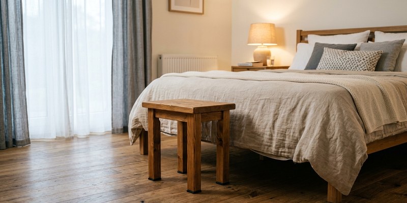 wooden stool beside bed
