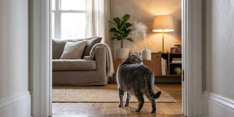 grey tabby cat looking