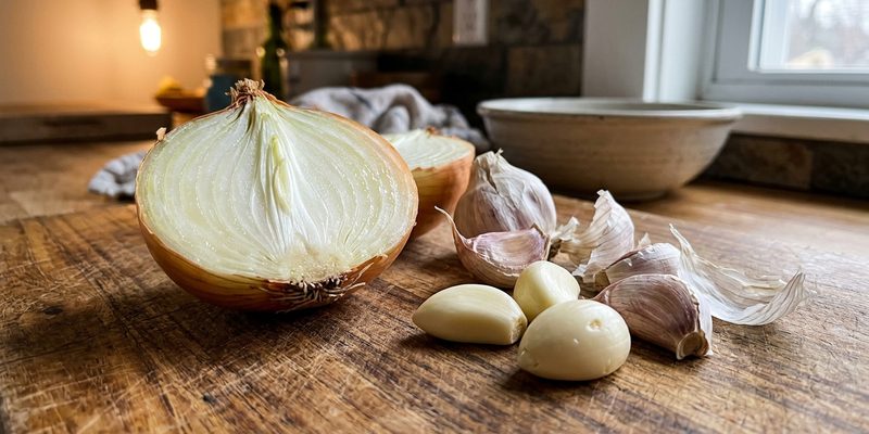 Media cebolla y varios dientes de ajo sobre una tabla de madera en una cocina