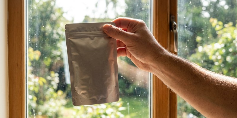 Mano sosteniendo una bolsita de comida sin etiquetar a contraluz junto a una ventana
