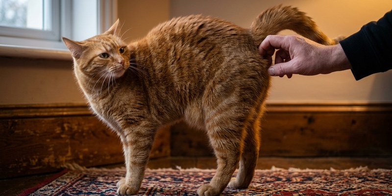 hand scratching cat tail