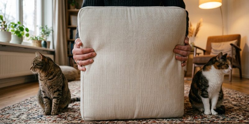 Unas manos sostienen un cojín como barrera entre dos gatos sentados a cada lado