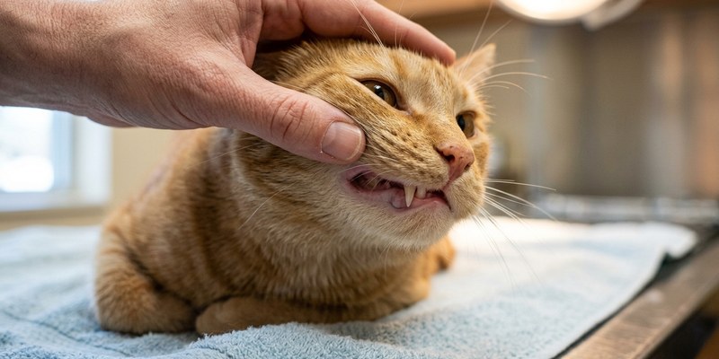 Unas manos levantan el labio de un gato tranquilo para verle las encías