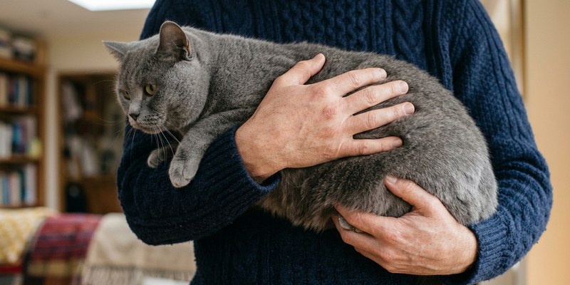 hands lifting grey cat