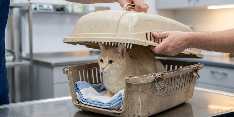 Dos manos retiran la parte superior del transportín mientras un gato crema permanece sentado dentro