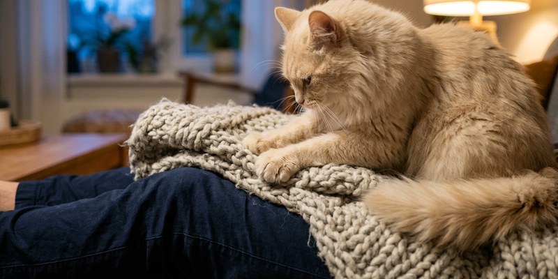gato amasando manta