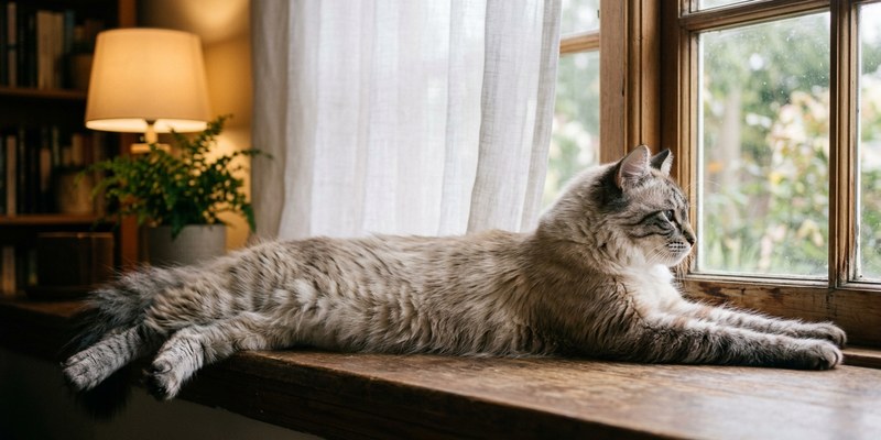 cat stretching on windowsill