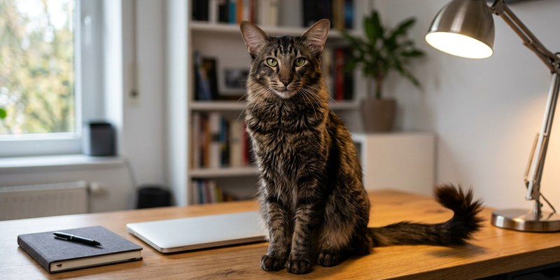 cat sitting on desk