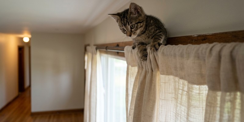 Gatito solo encaramado a lo alto de una cortina con las uñas clavadas en la tela