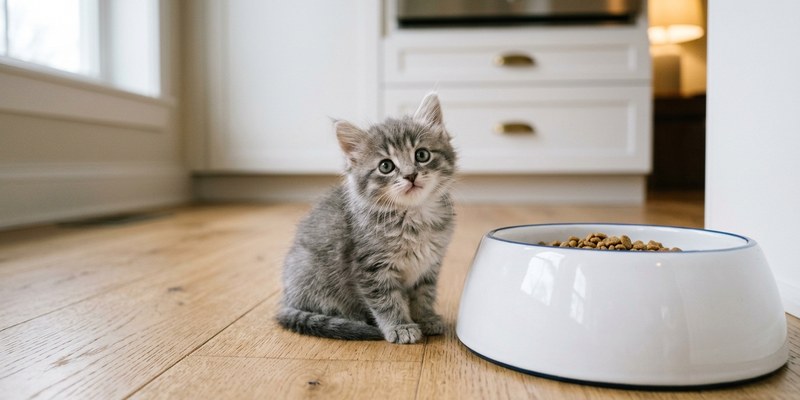 Gatito pequeño sentado junto a un cuenco de comida de tamaño adulto que lo empequeñece