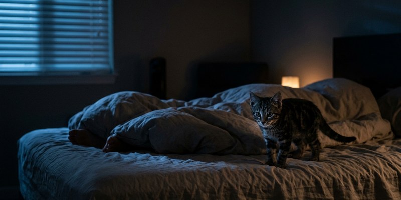 Gatito alerta al borde de una cama a oscuras junto a los pies de alguien dormido