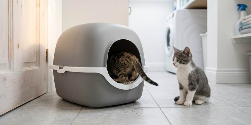 Gatito observando atentamente a otro que usa un arenero cerrado en un cuarto luminoso