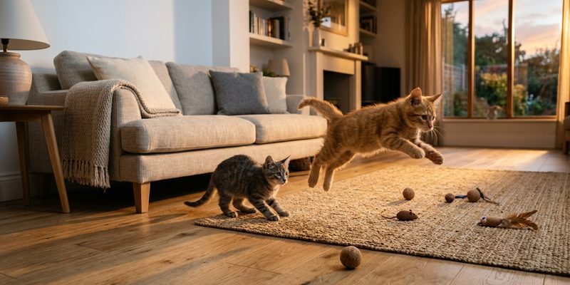 Dos gatitos persiguiéndose por el suelo de madera del salón, uno de ellos en pleno salto