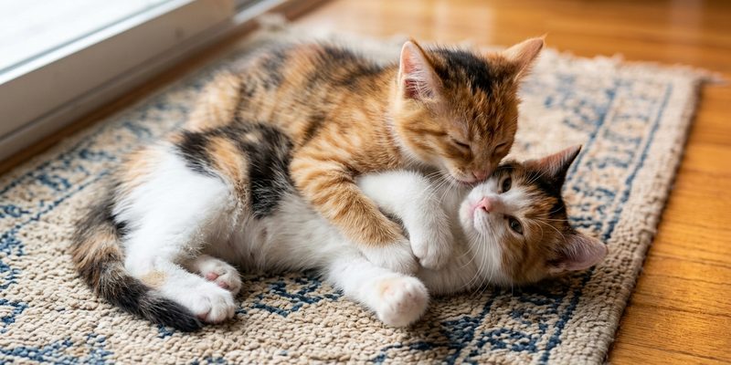 Dos gatitos jugando a pelear en una alfombra, uno mordisquea suavemente el cuello del otro