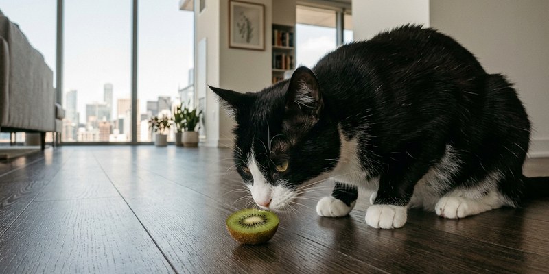 cat sniffing kiwi on