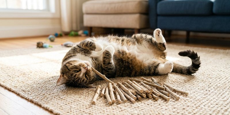 cat rolling beside silvervine