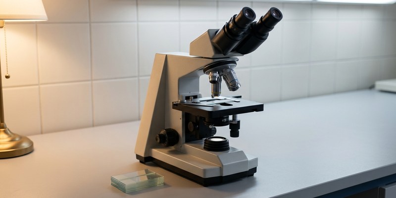 Microscopio de laboratorio sobre una encimera blanca con un portaobjetos preparado y varios más al lado