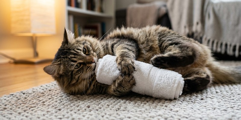 cat kicking rolled towel