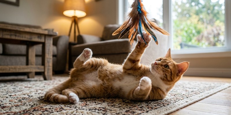 cat batting dangling feather