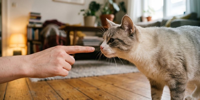 cat sniffing human finger