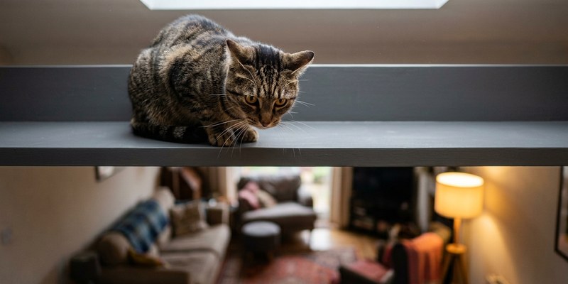 cat on wooden shelf