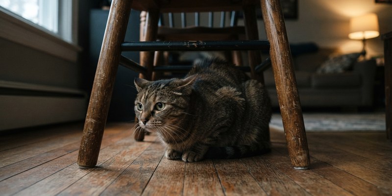 cat crouched under chair