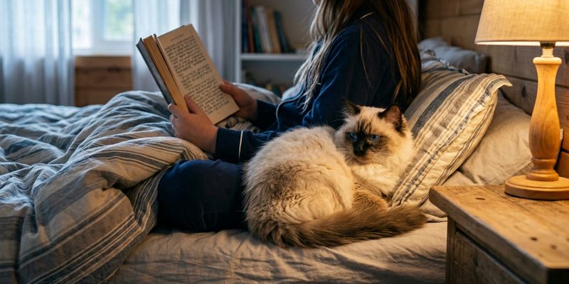 cat reading book on
