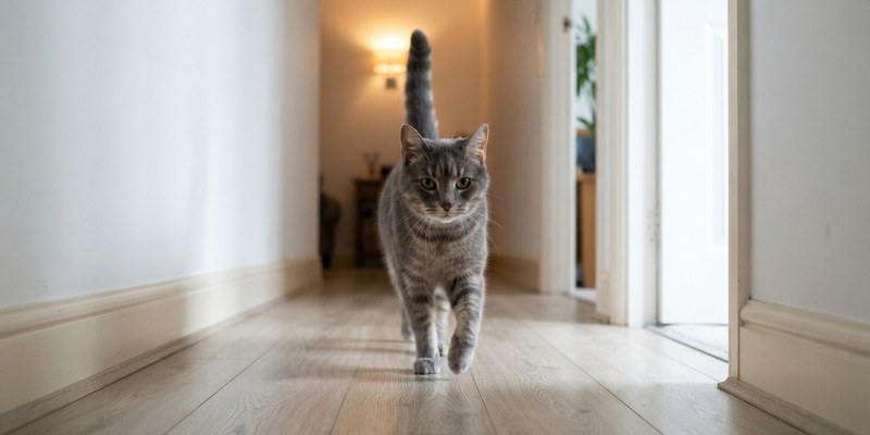 grey cat walking down