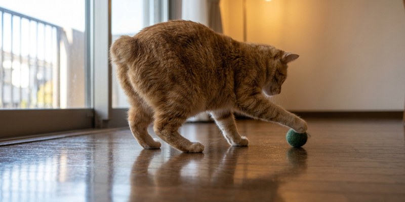 cat batting felt ball