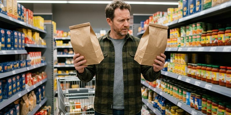man comparing food bags