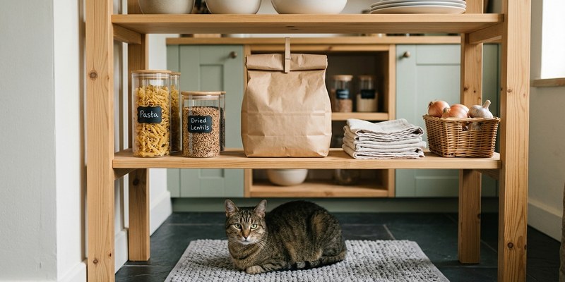cat below pantry shelf