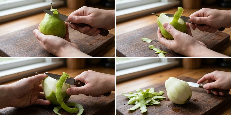 hands peeling green pear