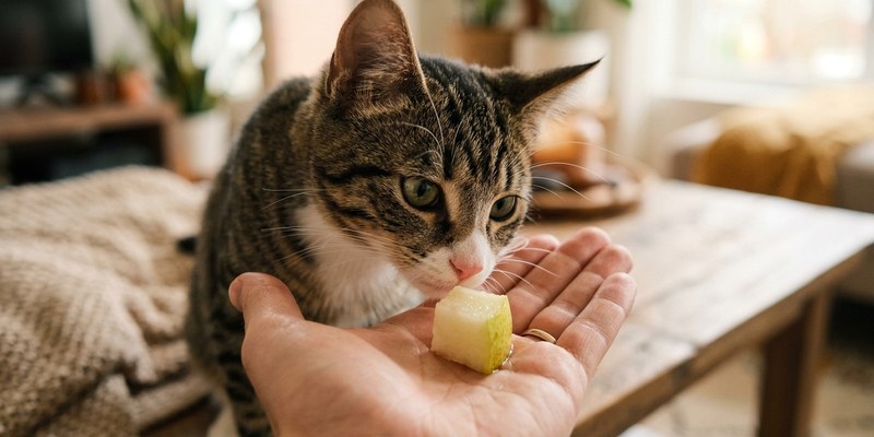 cat sniffing pear on