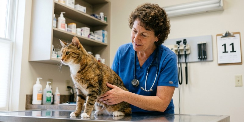veterinarian examining cat on