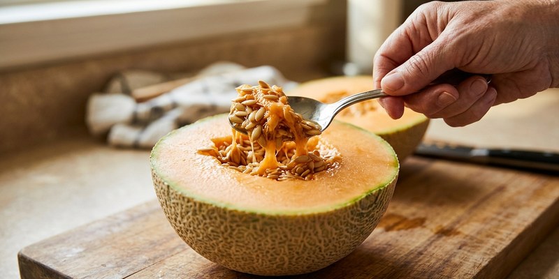 spoon scooping melon seeds