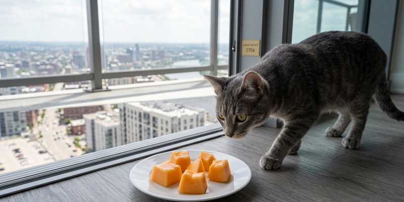 cat approaching melon cubes