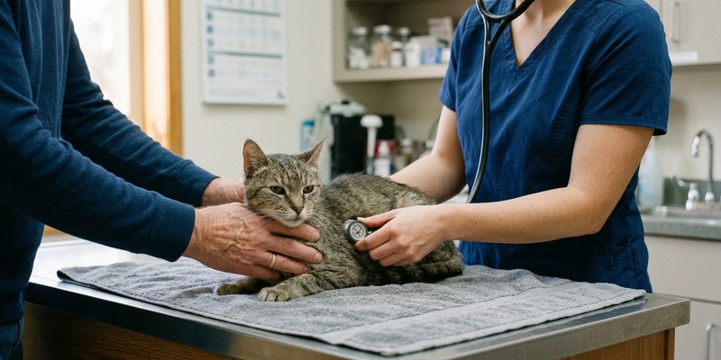 veterinarian examining cat with