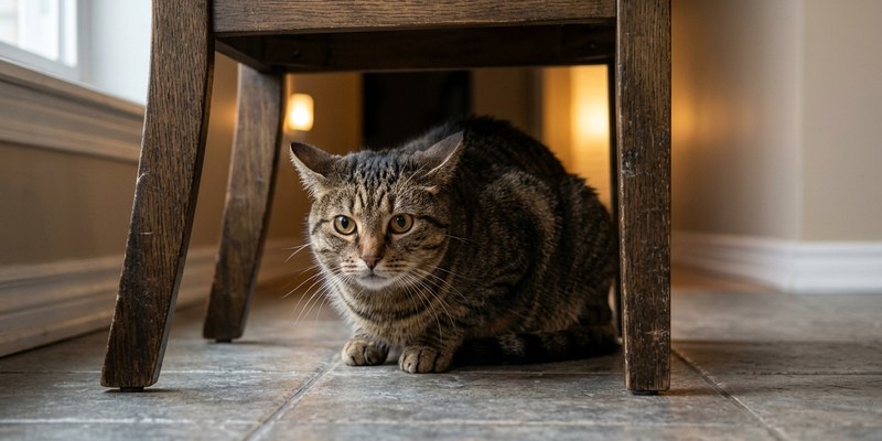 cat crouched under chair