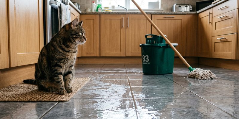 cat watching mop and