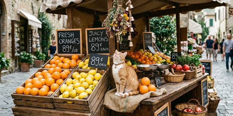 cat looking at fruit