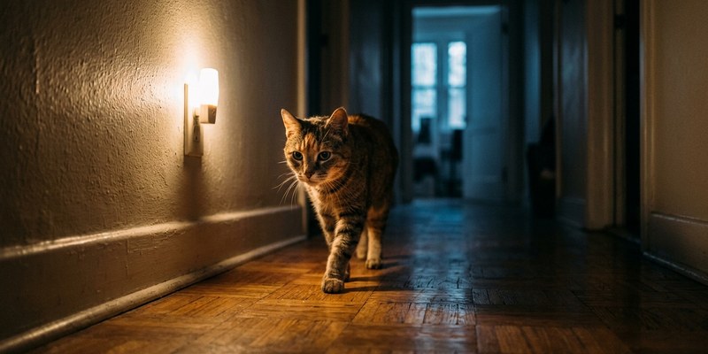 cat walking in hallway