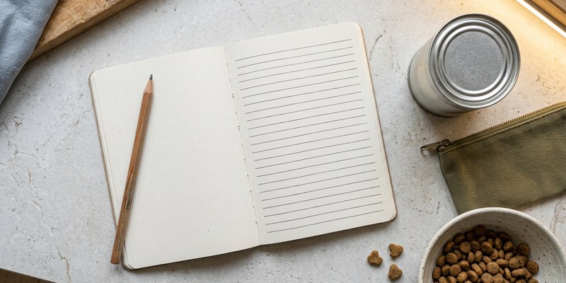 Libreta abierta con un lápiz junto a una lata sin marcar y unas bolitas de pienso