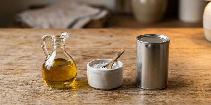 Aceitera de cristal con un salero de sal gruesa y una lata sin etiqueta